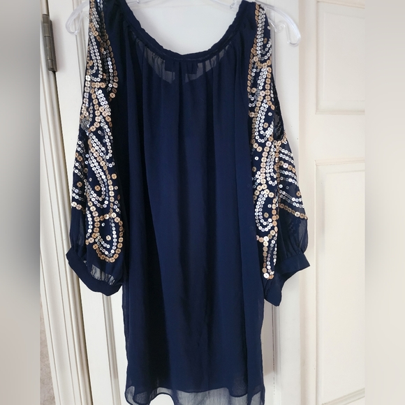 INC Navy Cold Shoulder Gold Sequin Tunic. - Picture 2 of 5